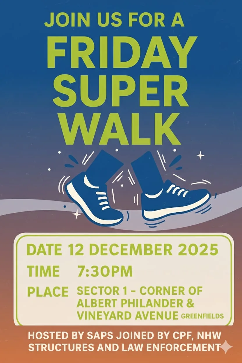 Archived poster for a Friday Super Walk held on 12 December 2025 in Greenfields.